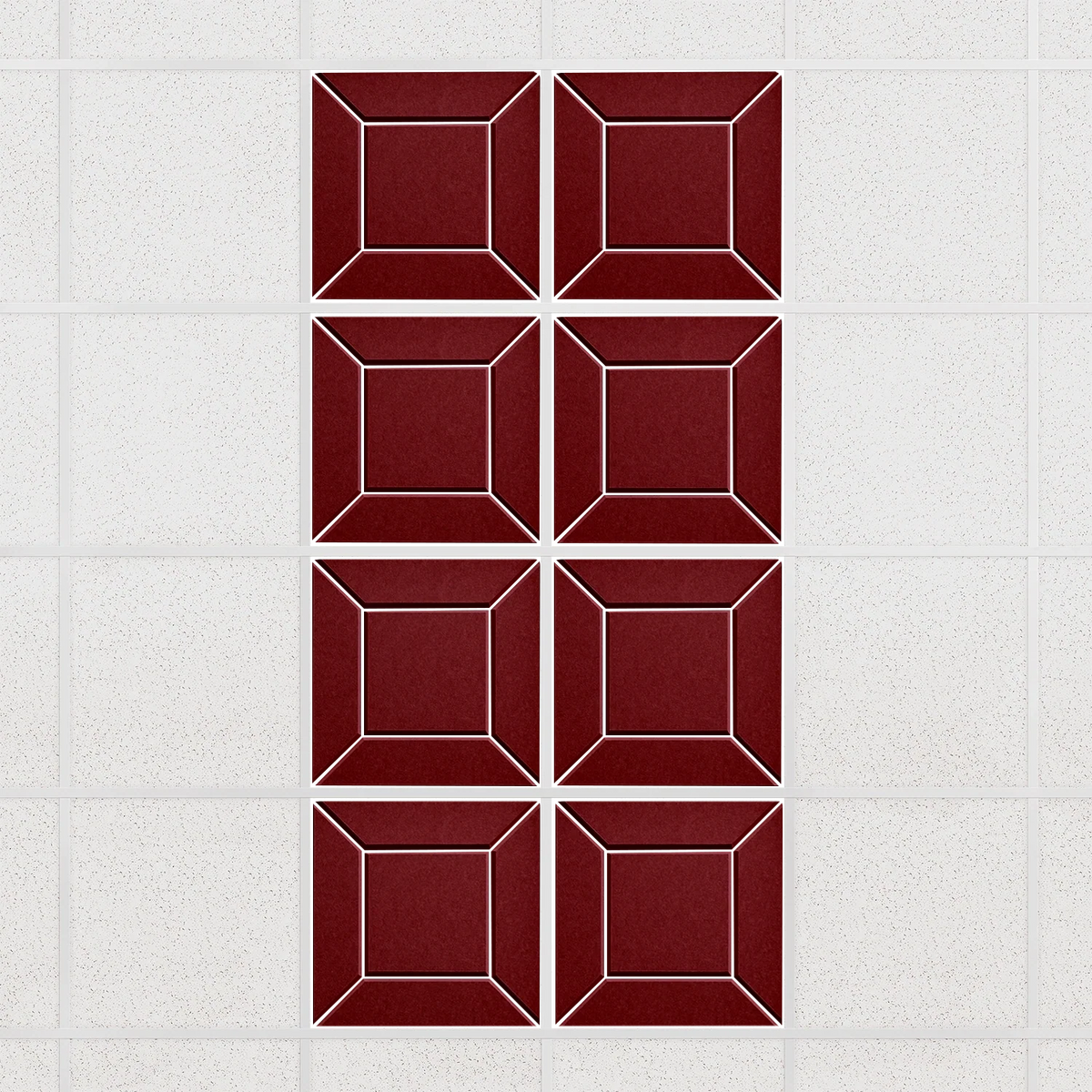 Facet felt drop ceiling tiles in Crimson with a beveled frame pattern, set of 8 in a 2 x 4 layout