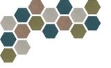 Hexagonal tiles in teal, beige, gray, brown, and olive green arranged in honeycomb pattern.