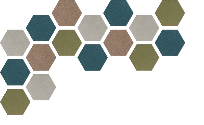 Hexagonal tiles in teal, beige, gray, brown, and olive green arranged in honeycomb pattern.