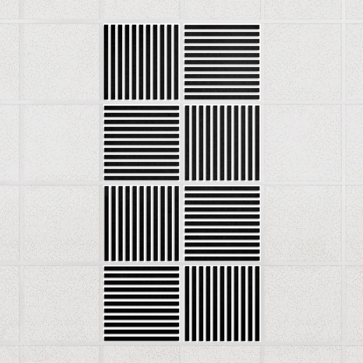 Felt Slat drop ceiling tiles in Ebony with alternating slat directions, set of 8 in a 2 x 4 layout