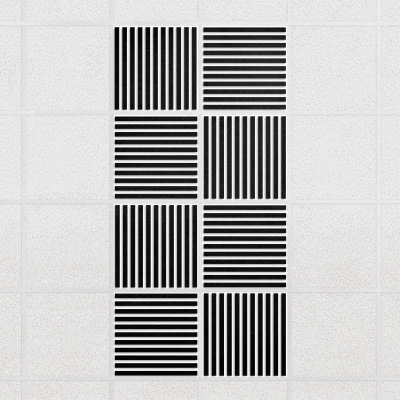 Felt Slat drop ceiling tiles in Ebony with alternating slat directions, set of 8 in a 2 x 4 layout