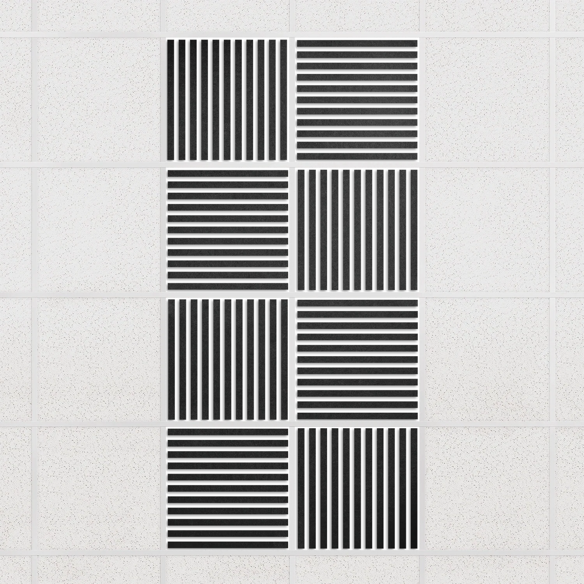 Felt Slat drop ceiling tiles in Cast with alternating slat directions, set of 8 in a 2 x 4 layout