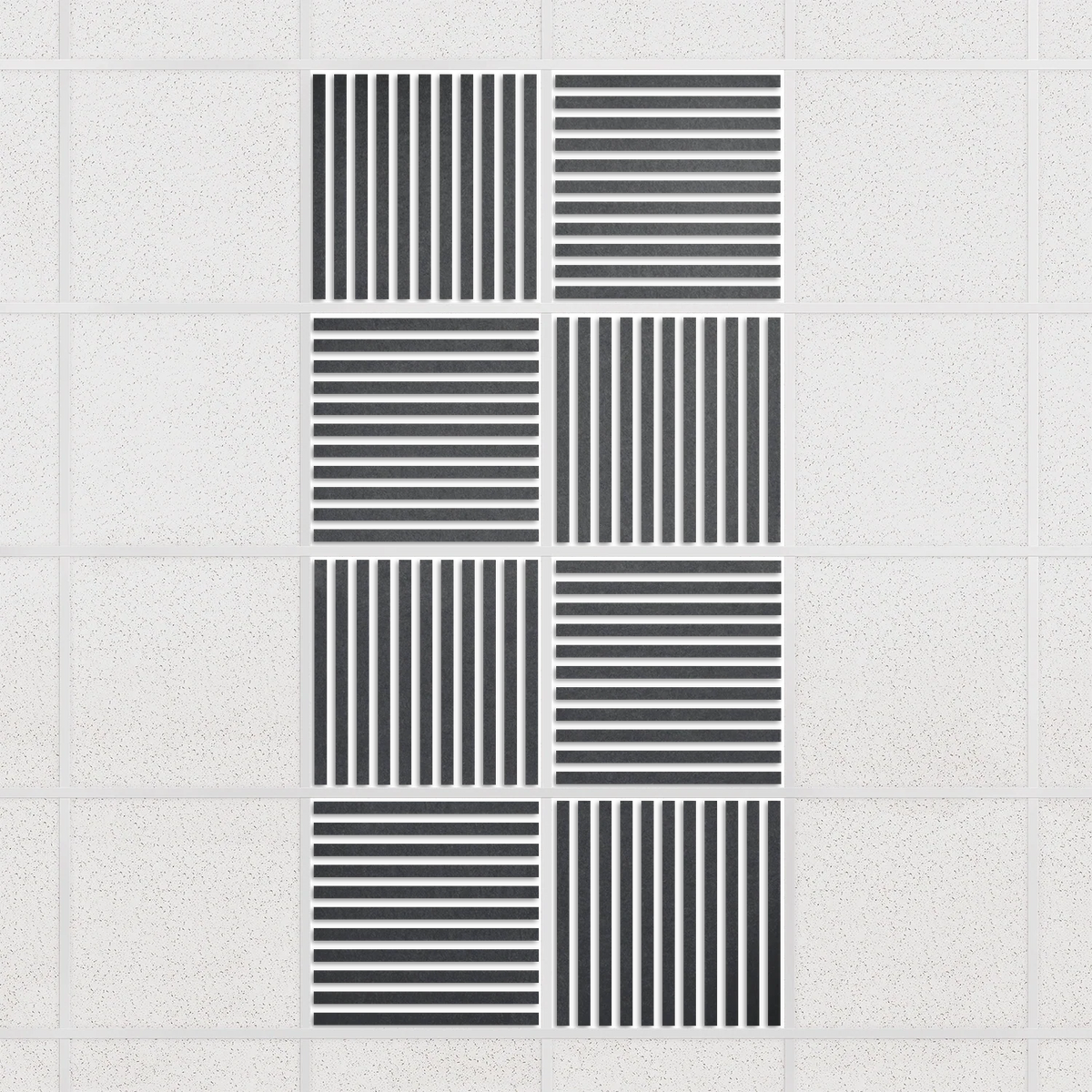 Felt Slat drop ceiling tiles in Mineral with alternating slat directions, set of 8 in a 2 x 4 layout