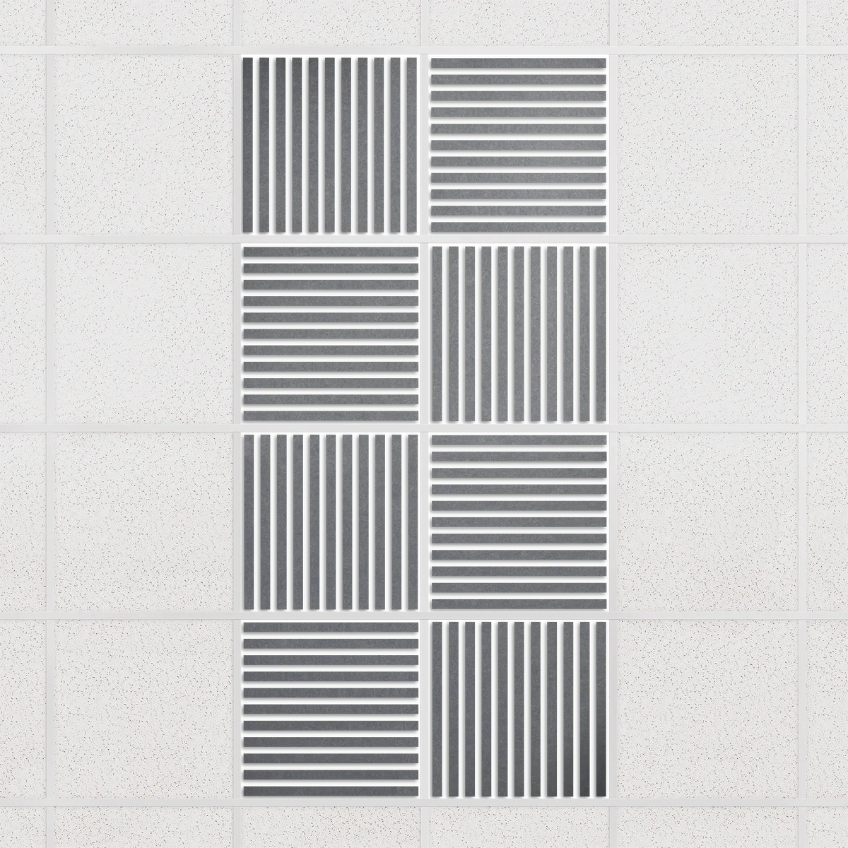Felt Slat drop ceiling tiles in Armor with alternating slat directions, set of 8 in a 2 x 4 layout