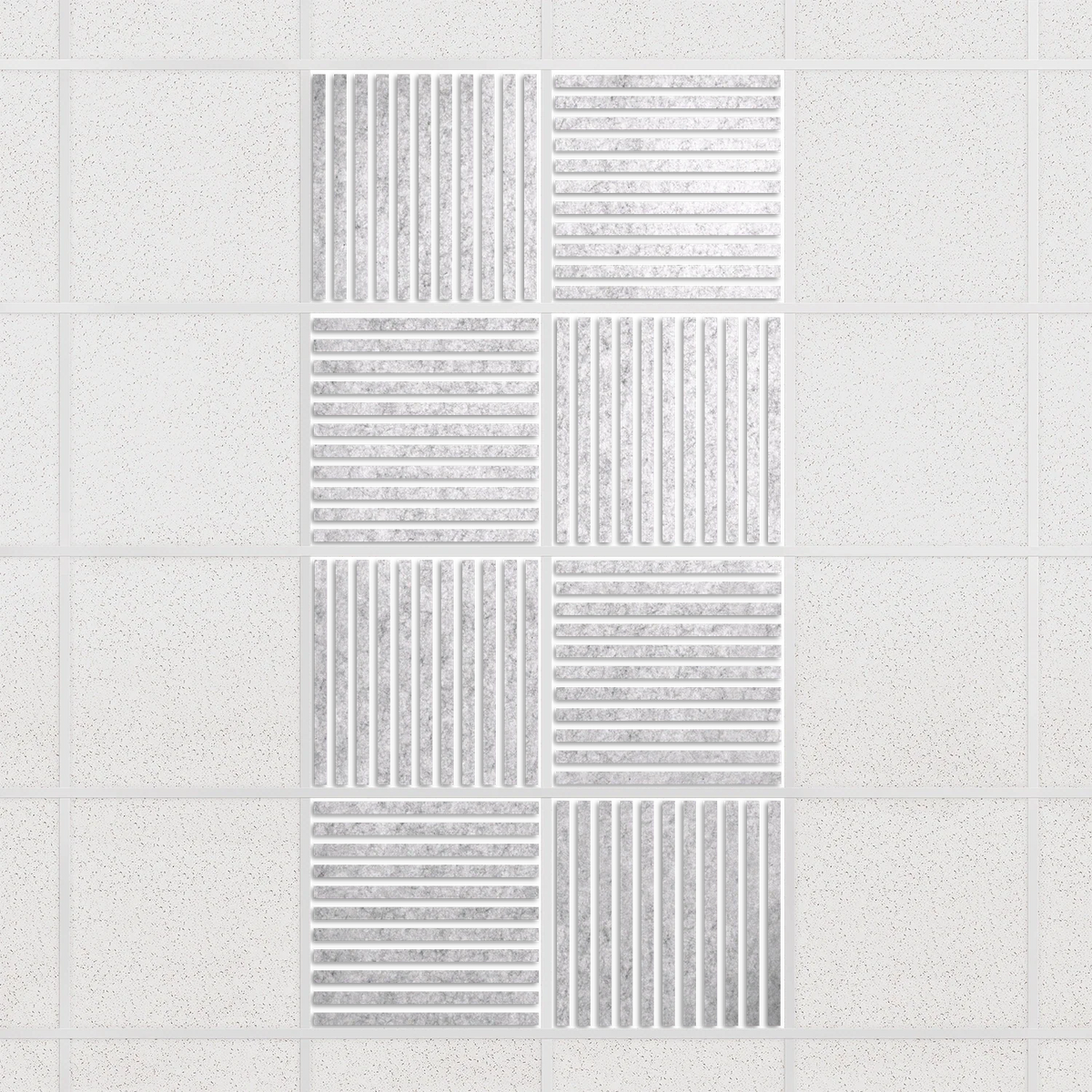 Felt Slat drop ceiling tiles in Nickel with alternating slat directions, set of 8 in a 2 x 4 layout