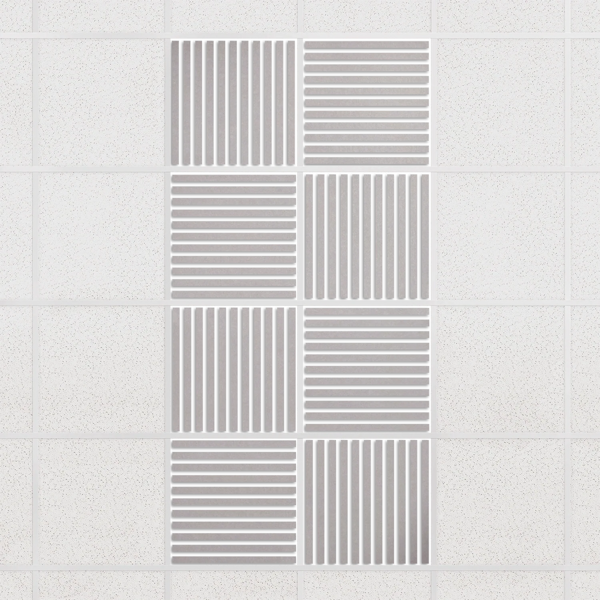 Felt Slat drop ceiling tiles in Fog with alternating slat directions, set of 8 in a 2 x 4 layout