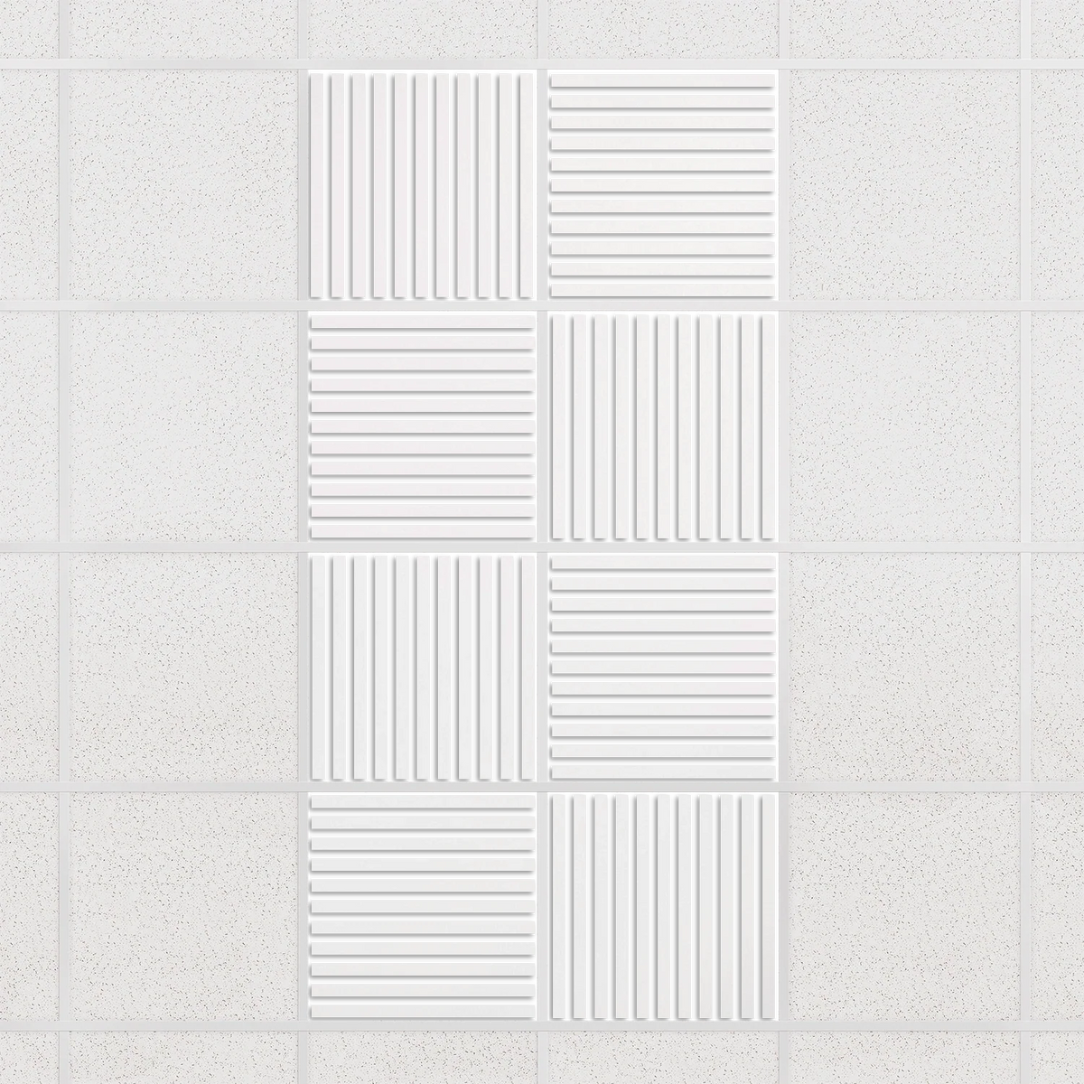 Felt Slat drop ceiling tiles in Zinc with alternating slat directions, set of 8 in a 2 x 4 layout