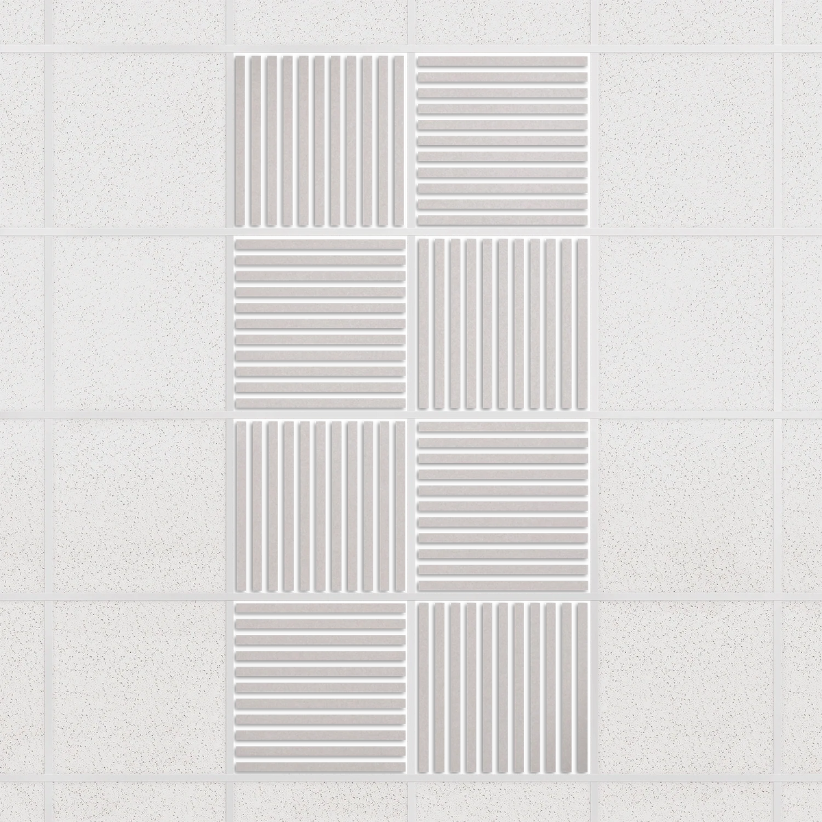 Felt Slat drop ceiling tiles in Latte with alternating slat directions, set of 8 in a 2 x 4 layout
