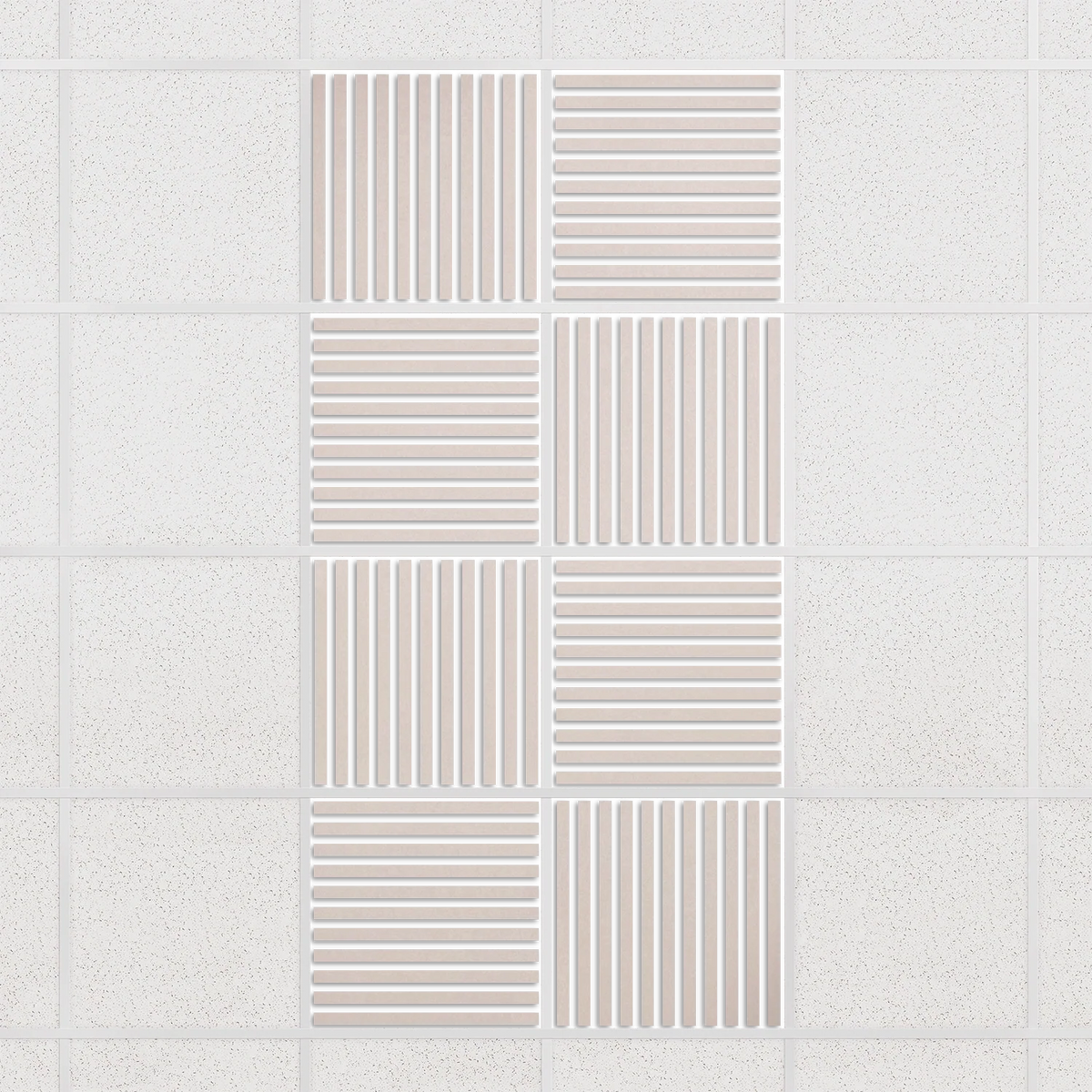 Felt Slat drop ceiling tiles in Ivory with alternating slat directions, set of 8 in a 2 x 4 layout