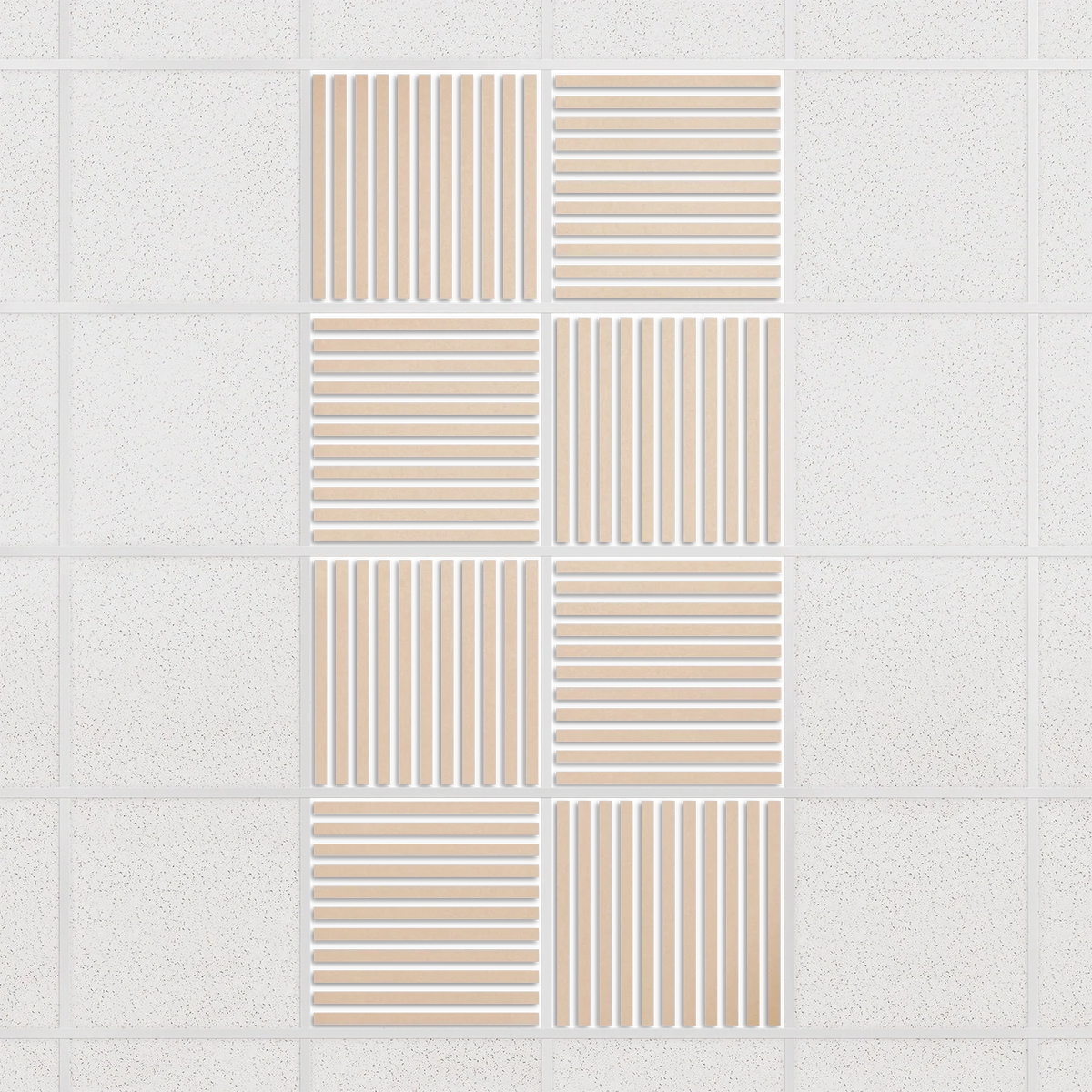 Felt Slat drop ceiling tiles in Porcelain with alternating slat directions, set of 8 in a 2 x 4 layout