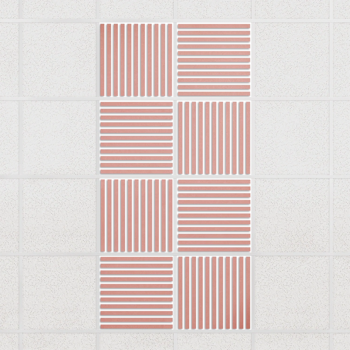 Felt Slat drop ceiling tiles in Coral with alternating slat directions, set of 8 in a 2 x 4 layout