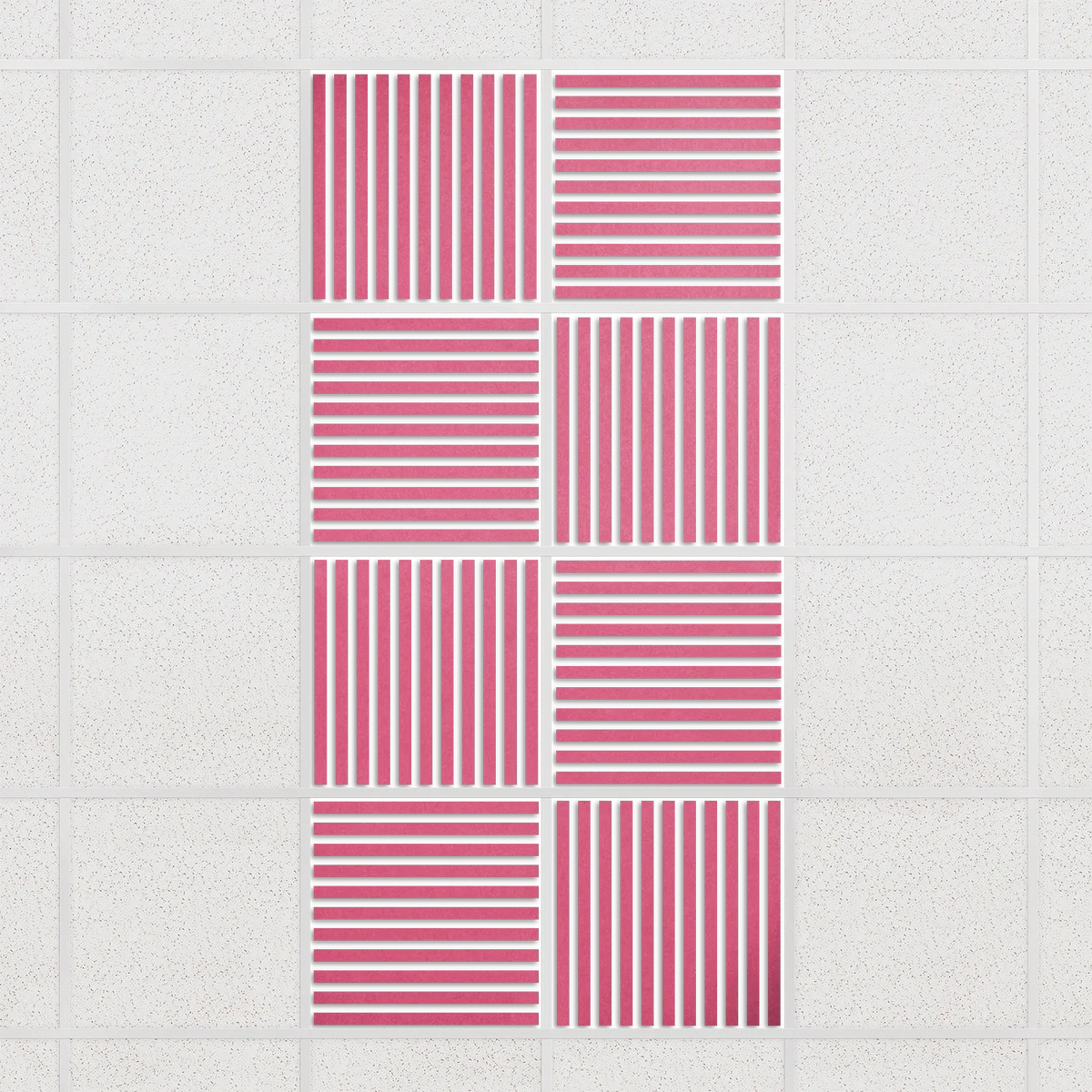 Felt Slat drop ceiling tiles in Hot Pink with alternating slat directions, set of 8 in a 2 x 4 layout
