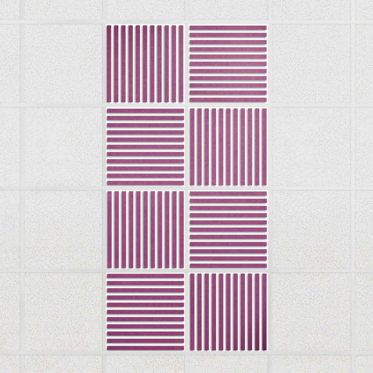 Felt Slat drop ceiling tiles in Plum with alternating slat directions, set of 8 in a 2 x 4 layout
