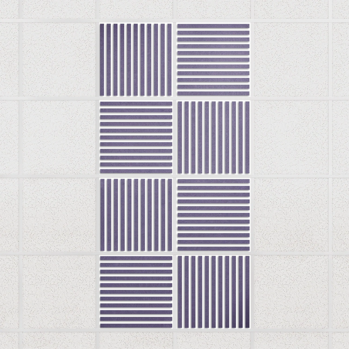 Felt Slat drop ceiling tiles in Wisteria with alternating slat directions, set of 8 in a 2 x 4 layout