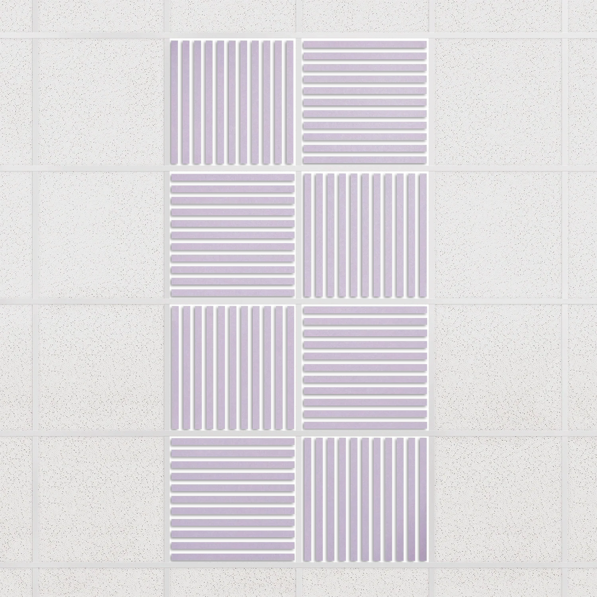 Felt Slat drop ceiling tiles in Lilac with alternating slat directions, set of 8 in a 2 x 4 layout