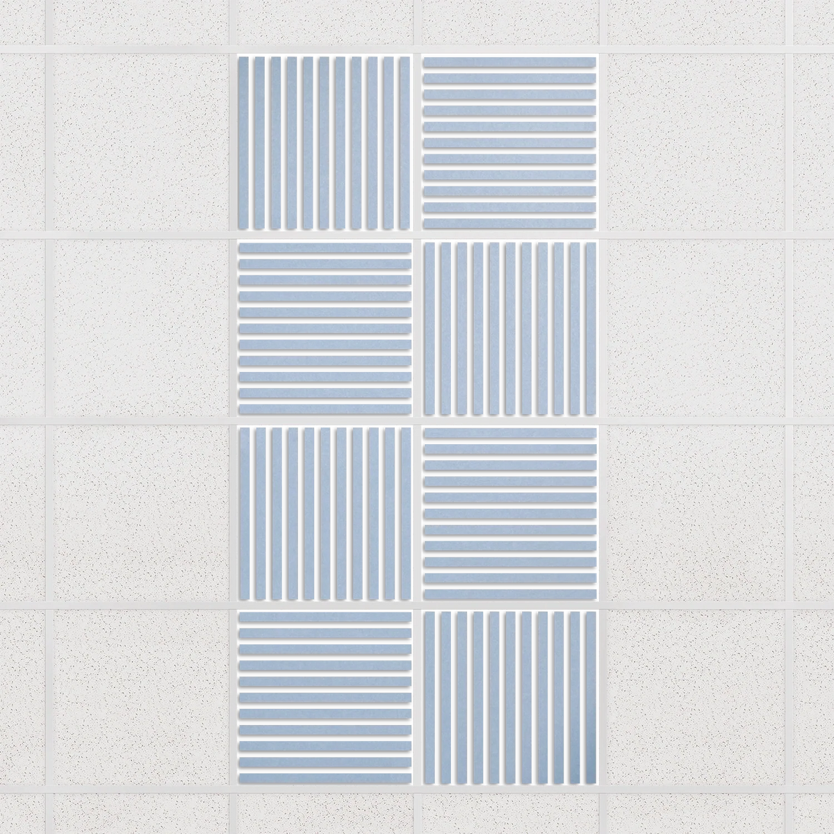 Felt Slat drop ceiling tiles in Powder Blue with alternating slat directions, set of 8 in a 2 x 4 layout