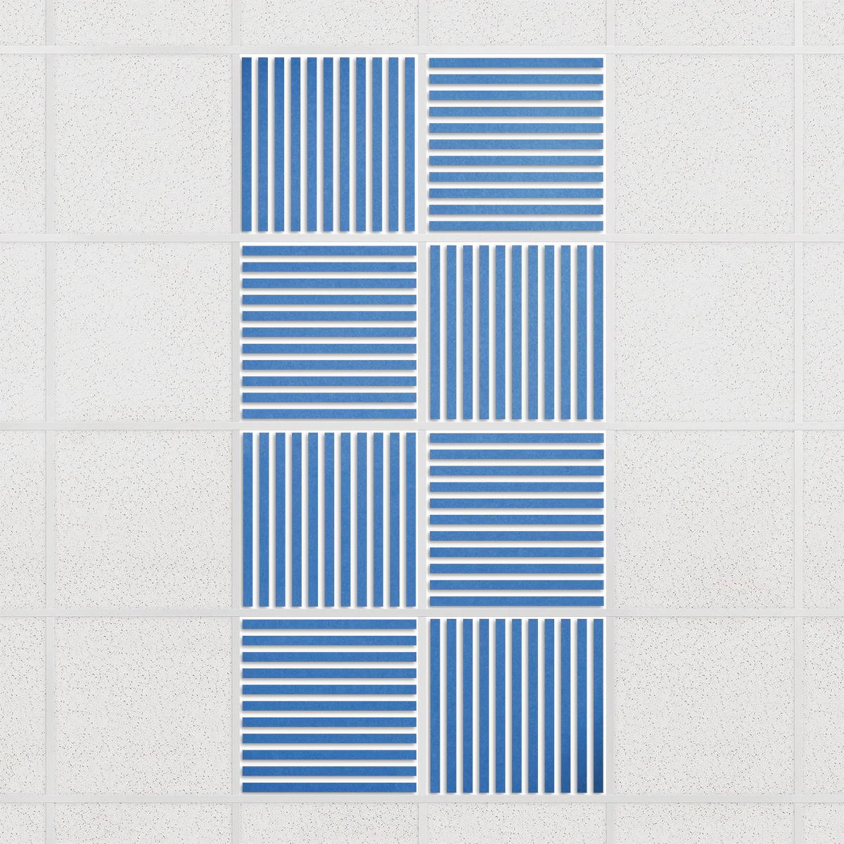 Felt Slat drop ceiling tiles in Cayman with alternating slat directions, set of 8 in a 2 x 4 layout
