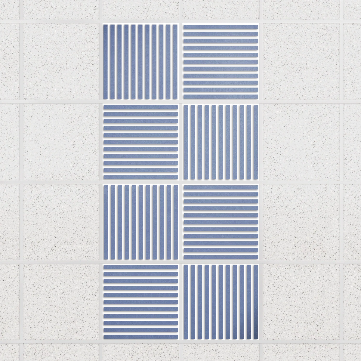 Felt Slat drop ceiling tiles in Periwinkle with alternating slat directions, set of 8 in a 2 x 4 layout