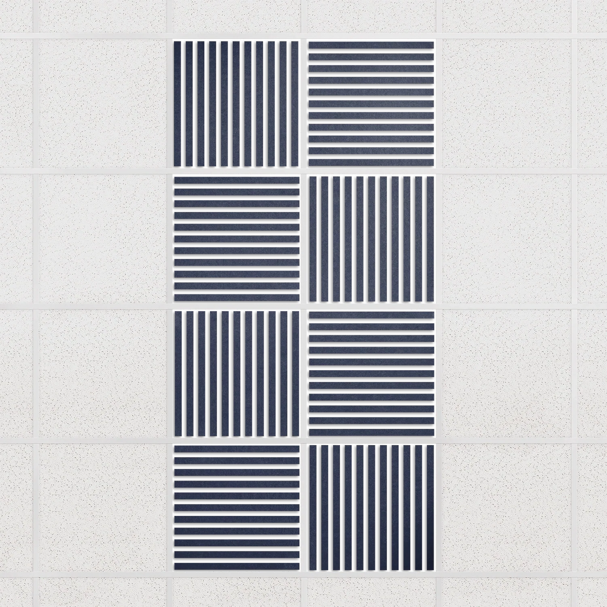 Felt Slat drop ceiling tiles in Indigo with alternating slat directions, set of 8 in a 2 x 4 layout