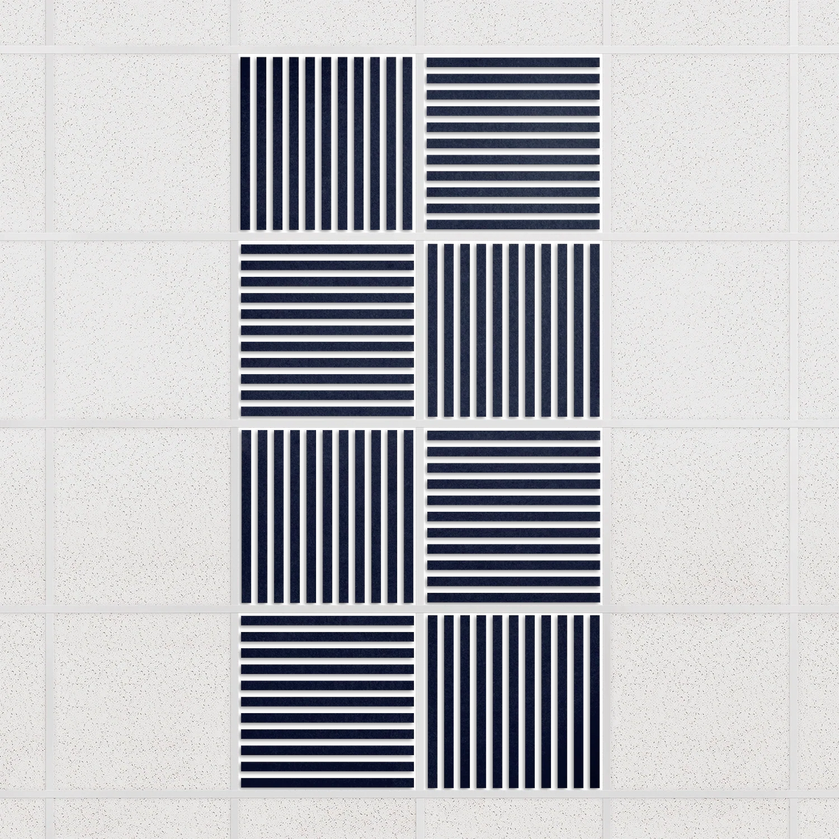 Felt Slat drop ceiling tiles in Oxford with alternating slat directions, set of 8 in a 2 x 4 layout