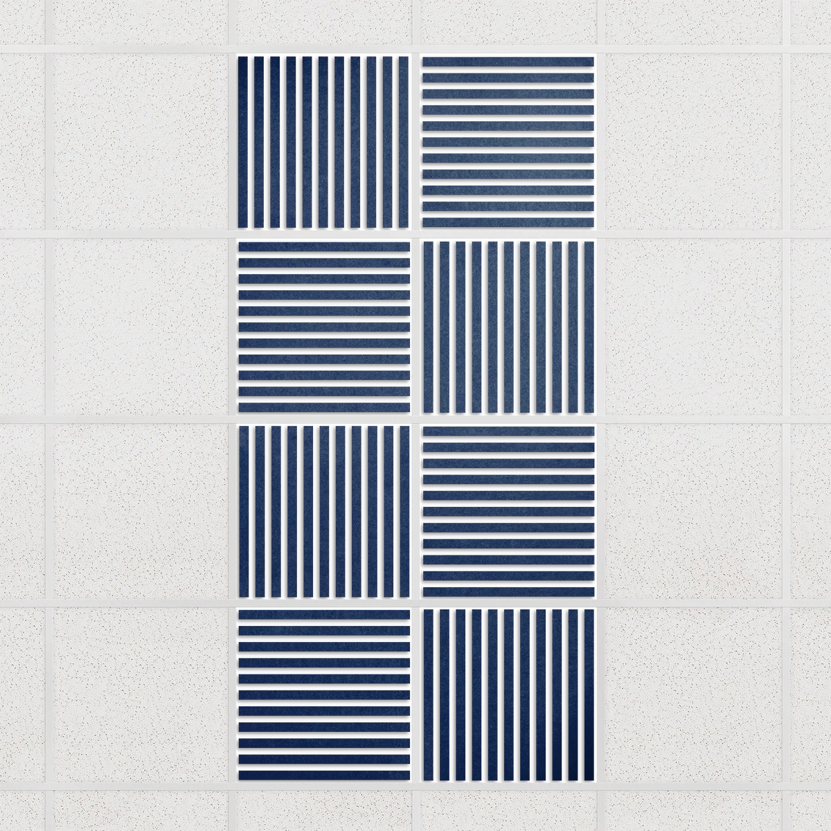 Felt Slat drop ceiling tiles in Admiral with alternating slat directions, set of 8 in a 2 x 4 layout