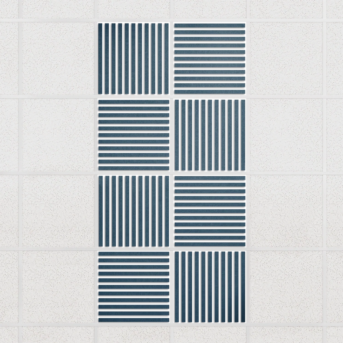 Felt Slat drop ceiling tiles in Slate Blue with alternating slat directions, set of 8 in a 2 x 4 layout