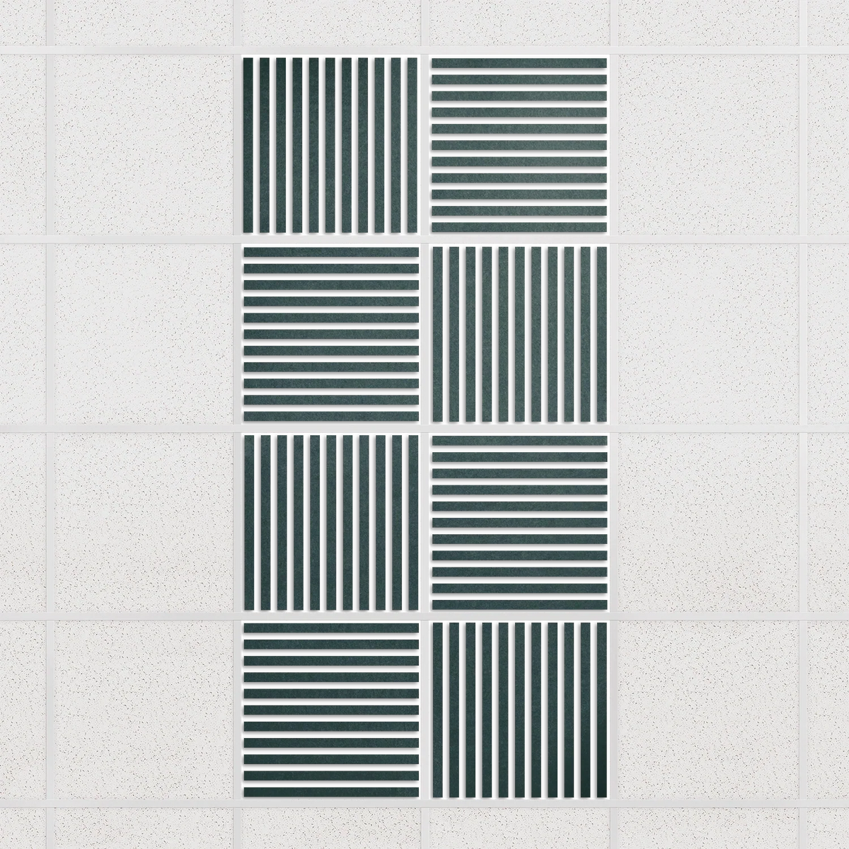 Felt Slat drop ceiling tiles in Atlantic with alternating slat directions, set of 8 in a 2 x 4 layout
