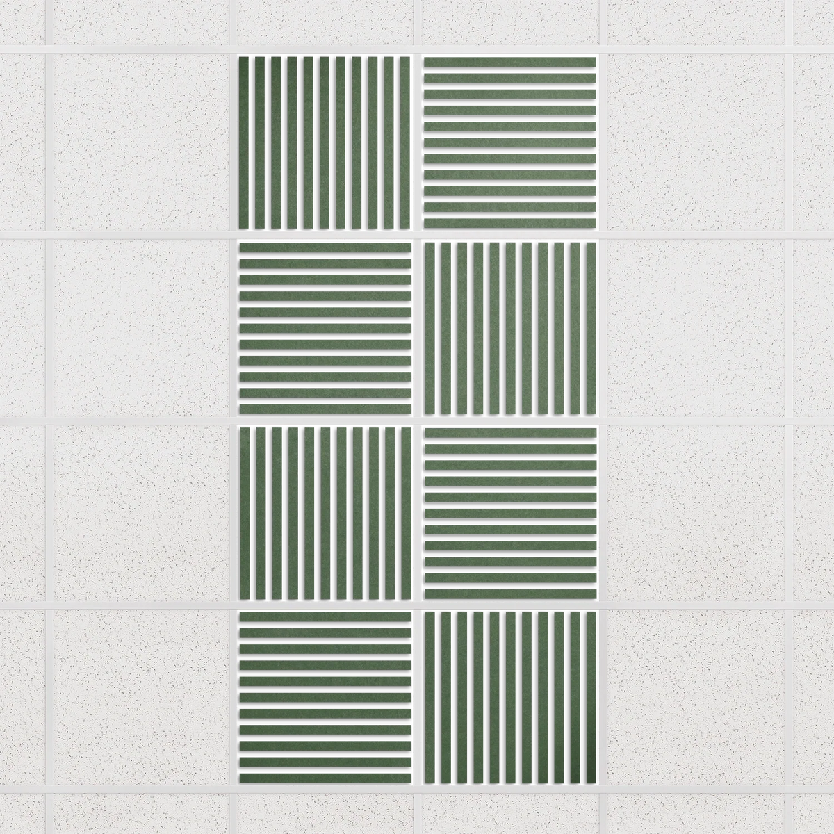 Felt Slat drop ceiling tiles in Palm with alternating slat directions, set of 8 in a 2 x 4 layout