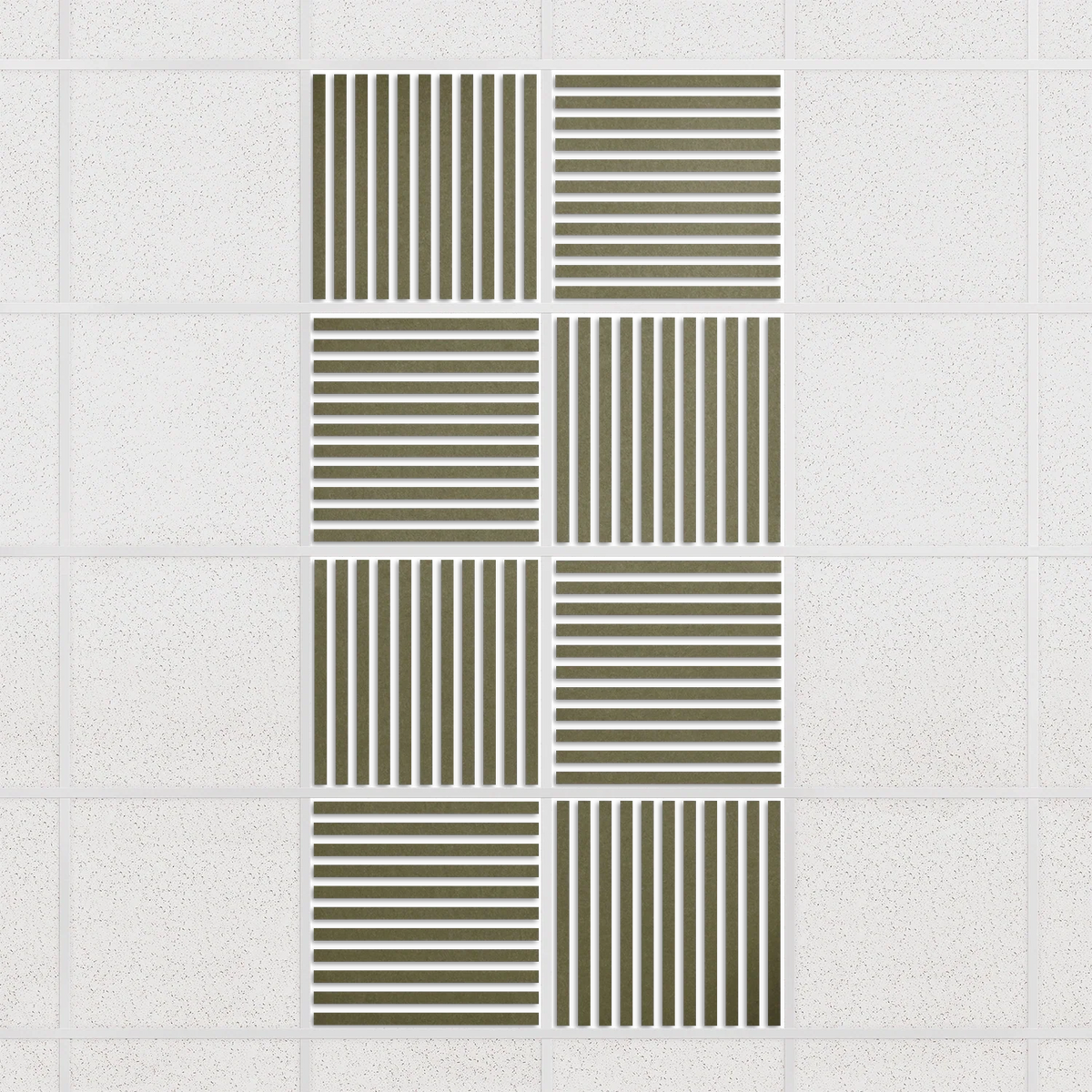 Felt Slat drop ceiling tiles in Olive with alternating slat directions, set of 8 in a 2 x 4 layout