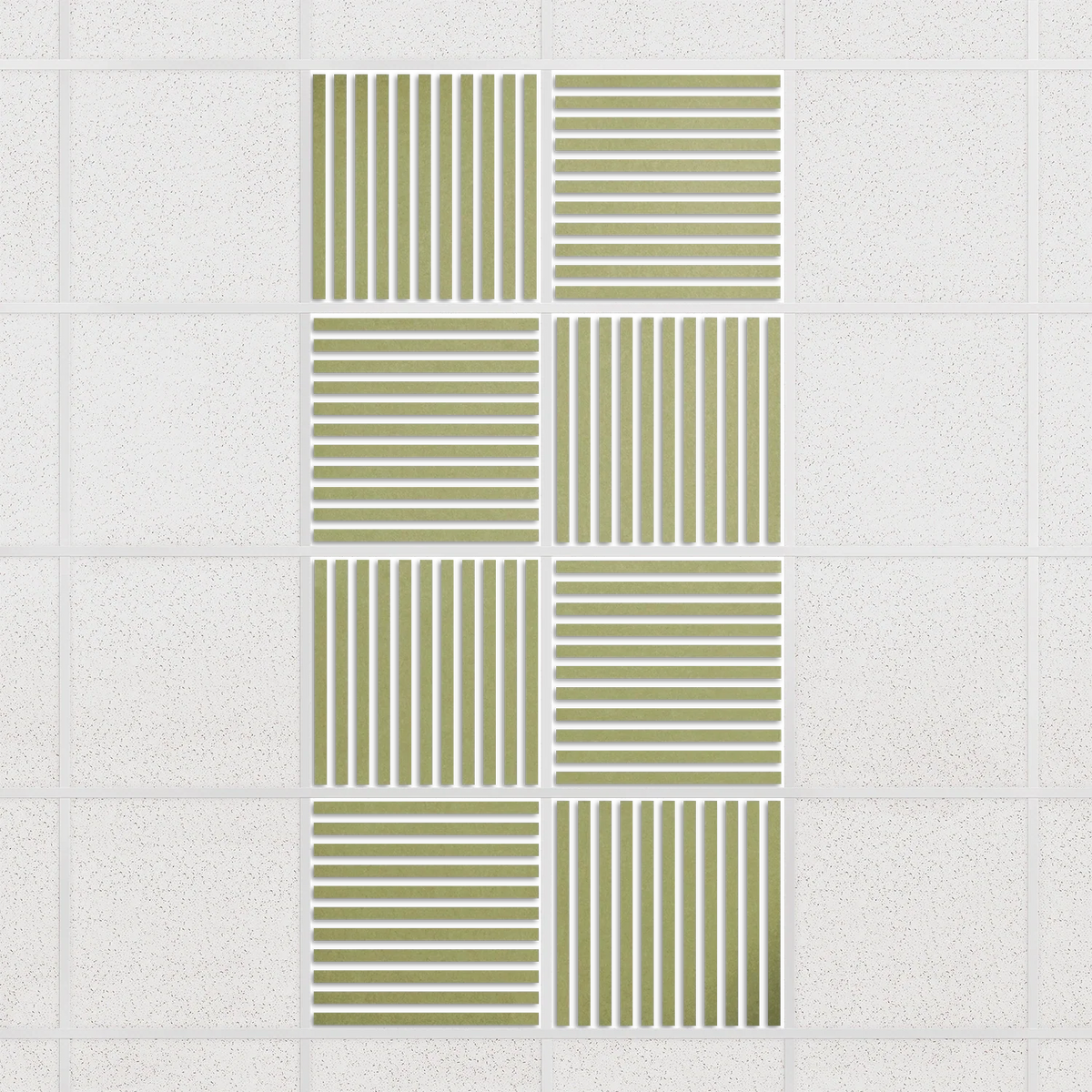 Felt Slat drop ceiling tiles in Aloe with alternating slat directions, set of 8 in a 2 x 4 layout