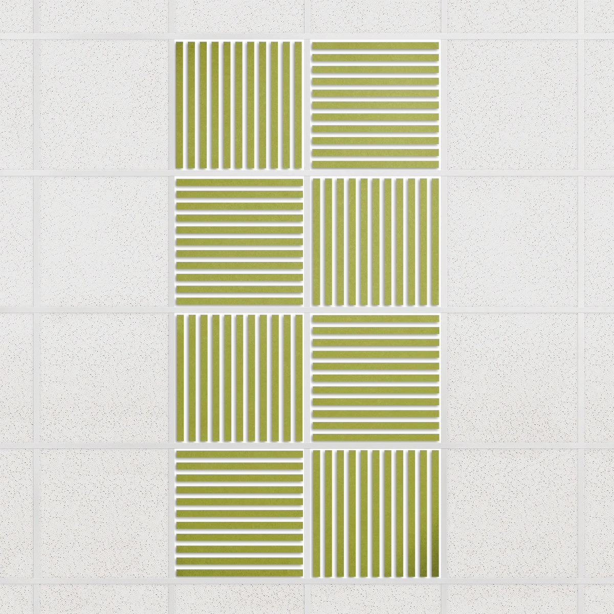 Felt Slat drop ceiling tiles in Kiwi with alternating slat directions, set of 8 in a 2 x 4 layout