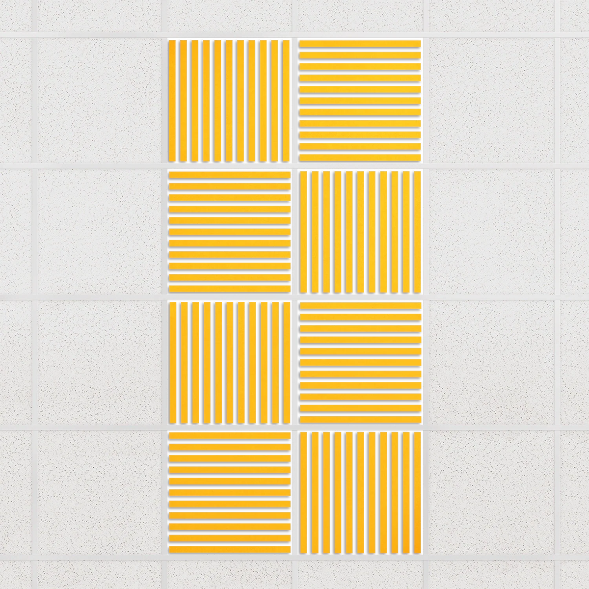 Felt Slat drop ceiling tiles in Dandelion with alternating slat directions, set of 8 in a 2 x 4 layout