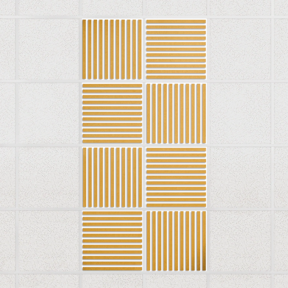 Felt Slat drop ceiling tiles in Mustard with alternating slat directions, set of 8 in a 2 x 4 layout