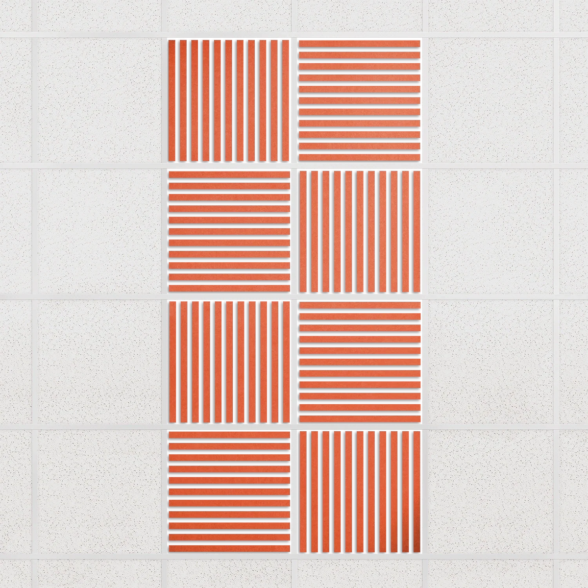 Felt Slat drop ceiling tiles in Aries with alternating slat directions, set of 8 in a 2 x 4 layout