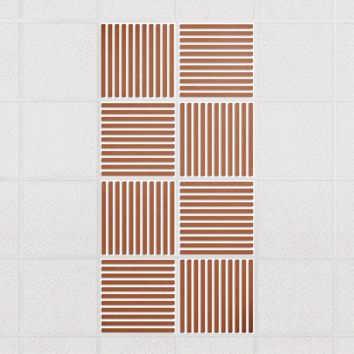 Felt Slat drop ceiling tiles in Cinnamon with alternating slat directions, set of 8 in a 2 x 4 layout