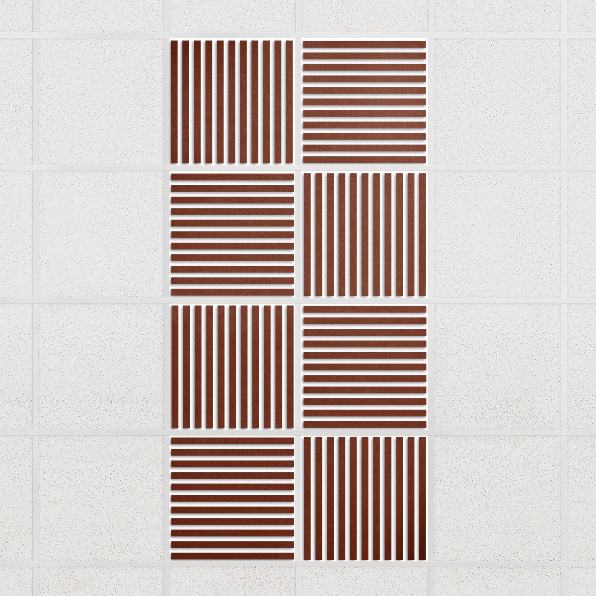 Felt Slat drop ceiling tiles in Moab with alternating slat directions, set of 8 in a 2 x 4 layout