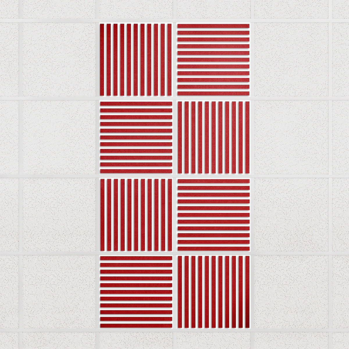 Felt Slat drop ceiling tiles in Scarlet with alternating slat directions, set of 8 in a 2 x 4 layout