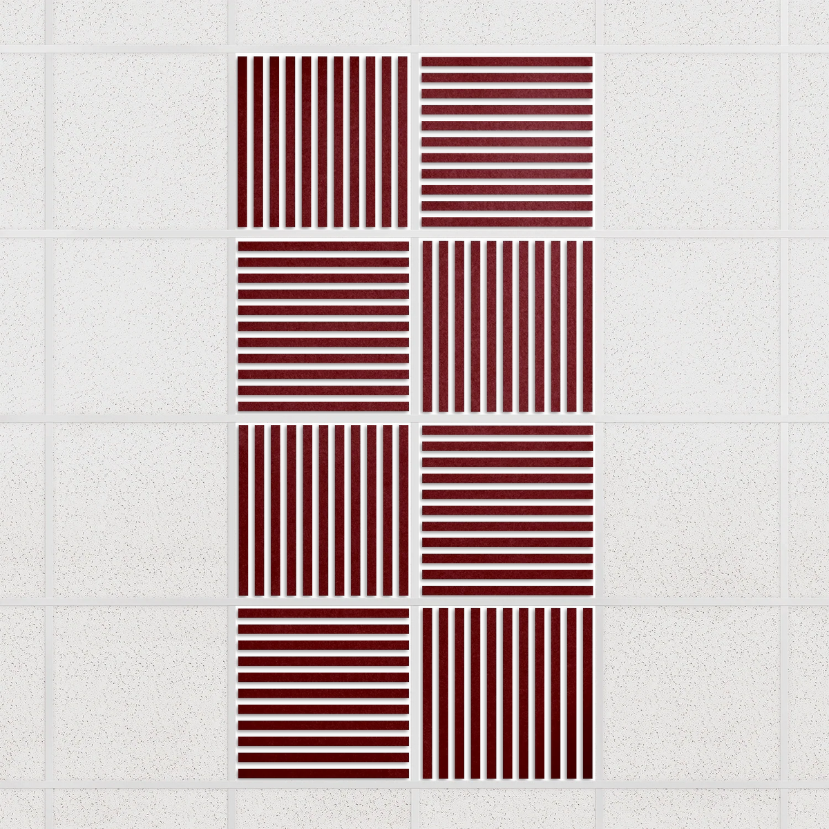 Felt Slat drop ceiling tiles in Crimson with alternating slat directions, set of 8 in a 2 x 4 layout