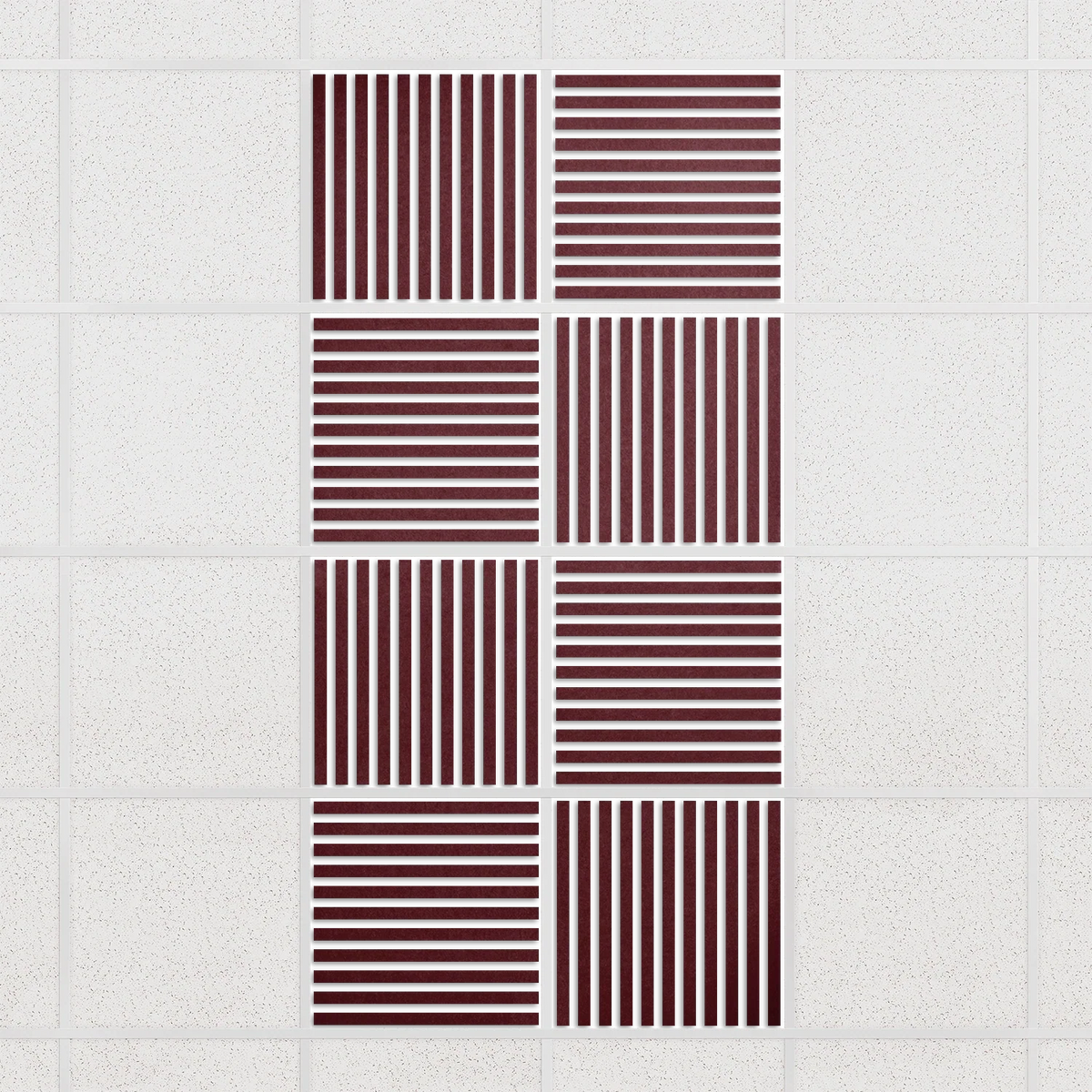 Felt Slat drop ceiling tiles in Wine with alternating slat directions, set of 8 in a 2 x 4 layout