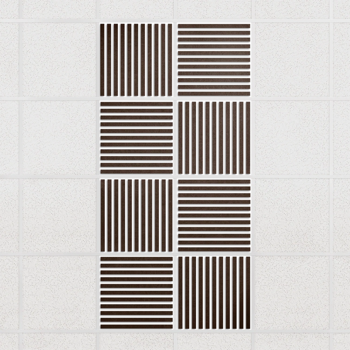 Felt Slat drop ceiling tiles in Cocoa with alternating slat directions, set of 8 in a 2 x 4 layout