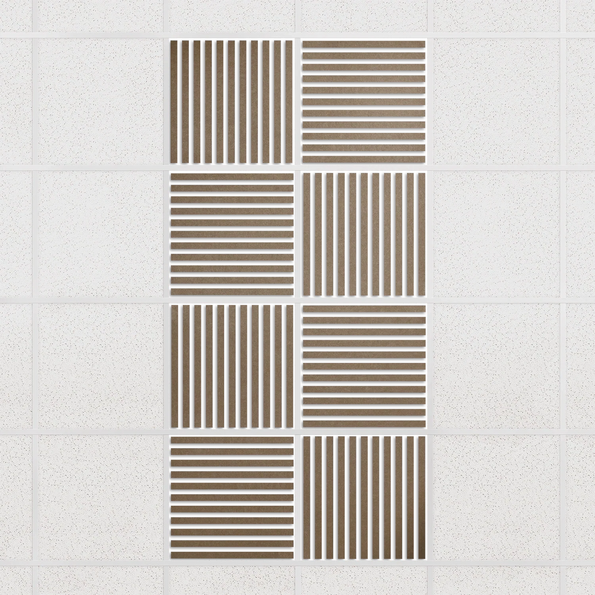 Felt Slat drop ceiling tiles in Timber with alternating slat directions, set of 8 in a 2 x 4 layout