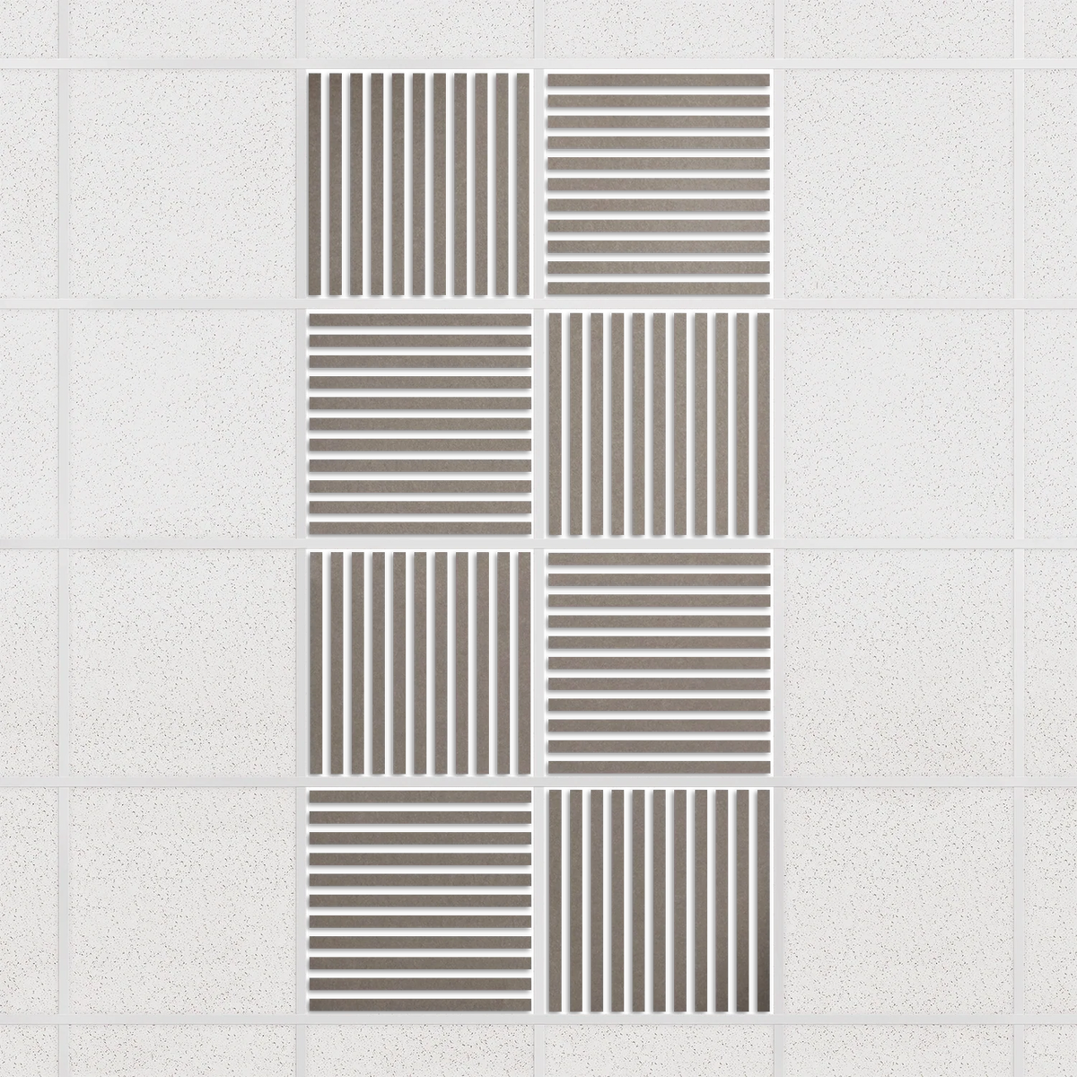 Felt Slat drop ceiling tiles in Ash with alternating slat directions, set of 8 in a 2 x 4 layout