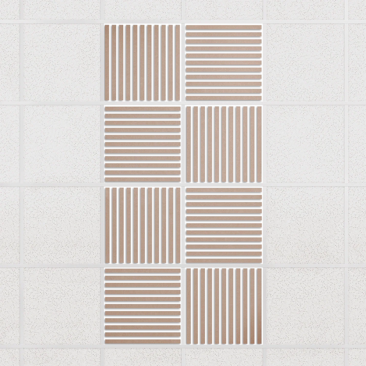 Felt Slat drop ceiling tiles in Cashmere with alternating slat directions, set of 8 in a 2 x 4 layout