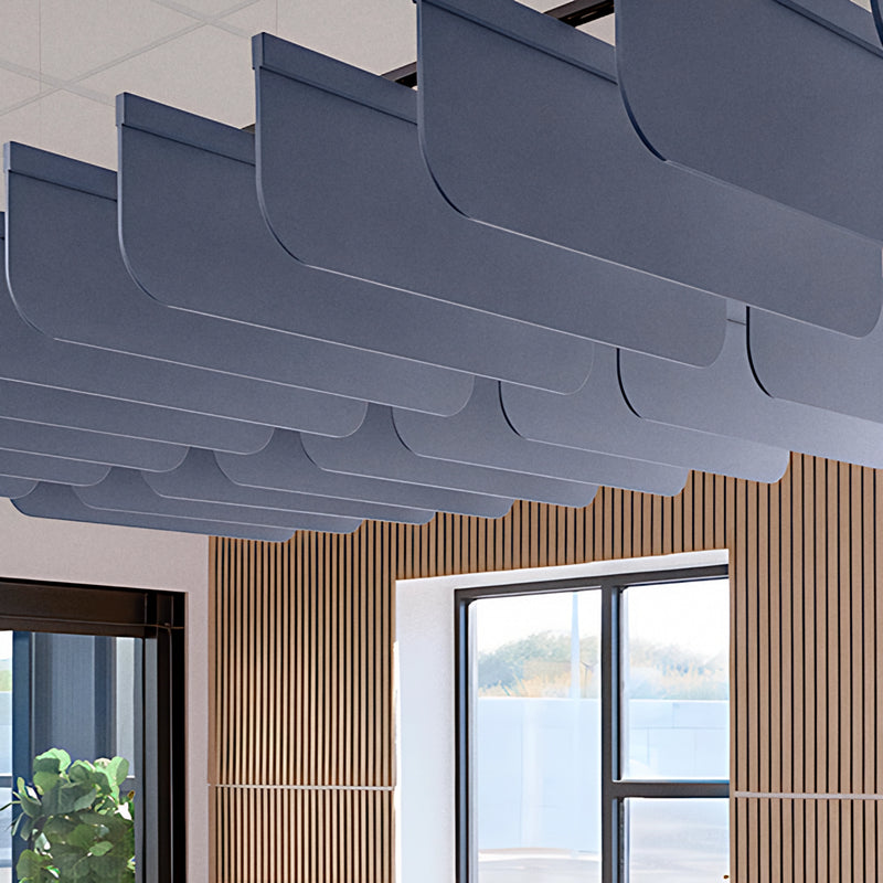 Felt Fin ceiling blades in slate blue above a room with wood slat walls