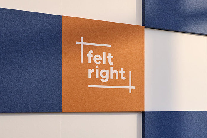 Logo printed on orange felt acoustic box