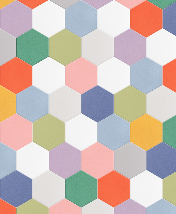 Colorful hexagonal tiles in various colors including pink, blue, green, yellow, orange, and white arranged in a honeycomb pat