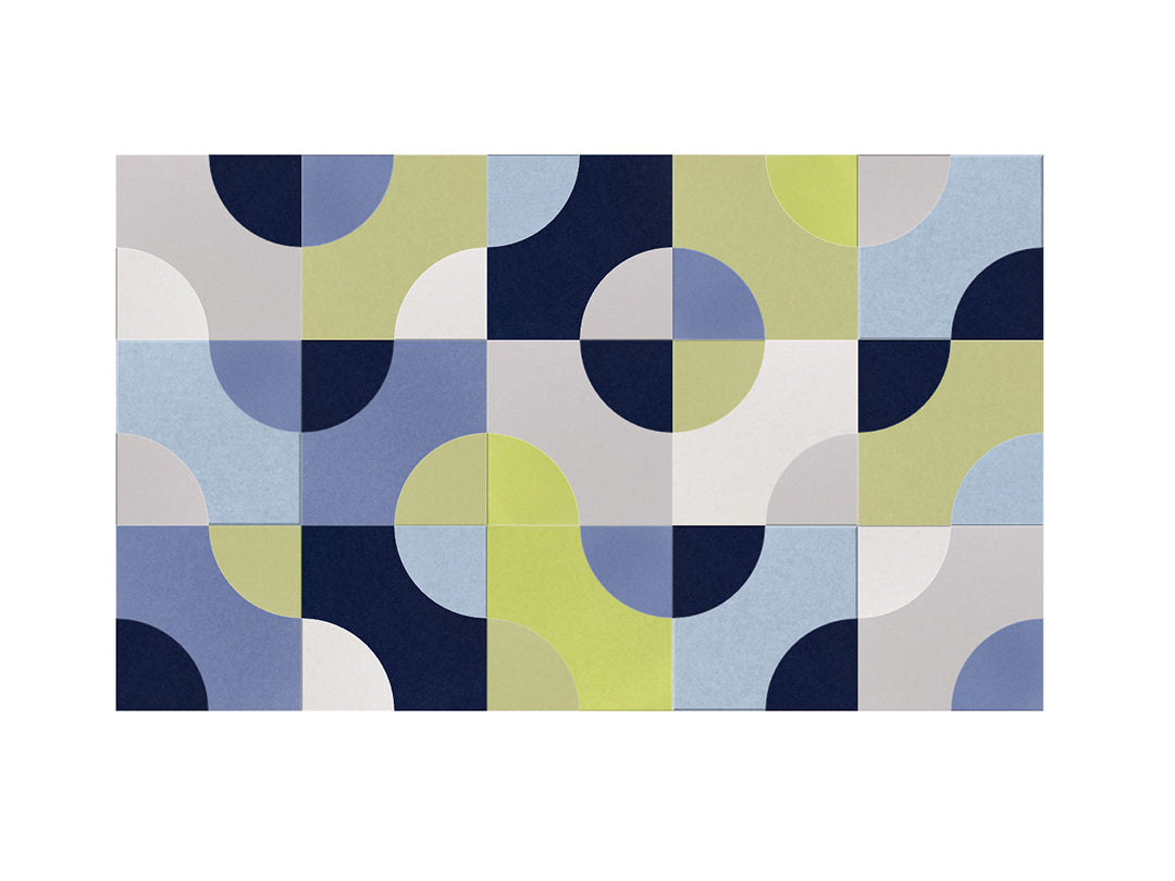 layered geometric acoustic felt wall art design with blues, greens and neutrals