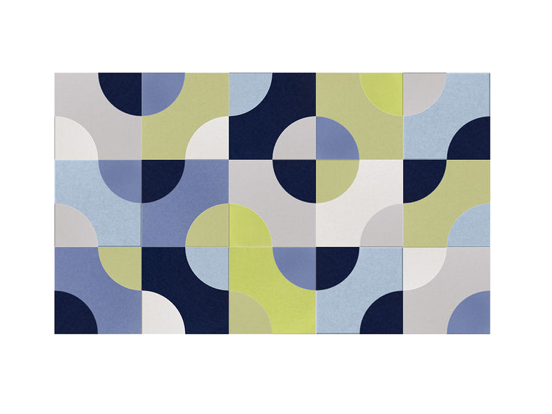 layered geometric acoustic felt wall art design with blues, greens and neutrals
