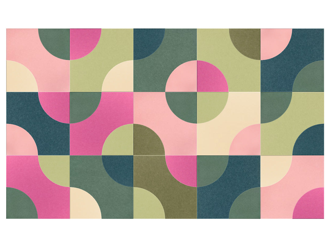 Patterned paper with geometric shapes in pink, green, and blue on a white background