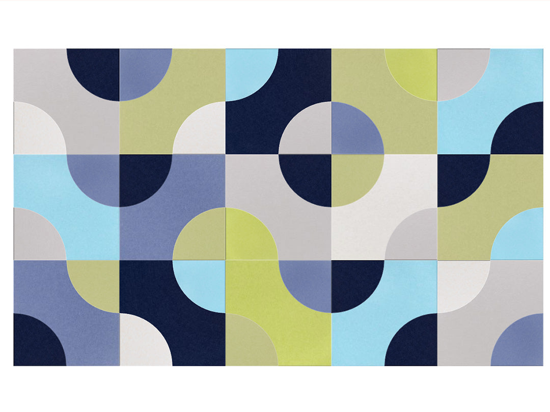 Colorful geometric patterned rug with circular shapes on a white background